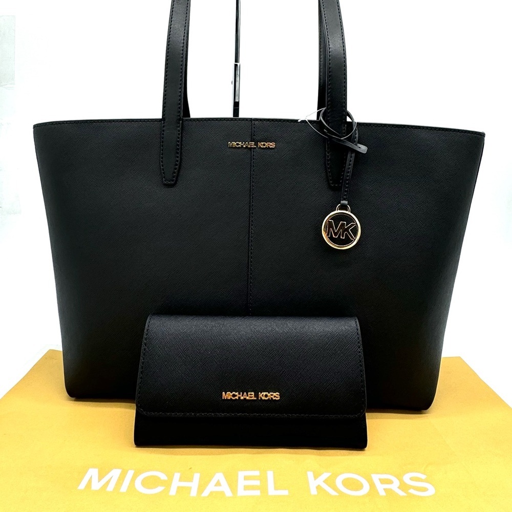 Michael Kors MD Zip Top Tote Bag Large Trifold Wallet Black